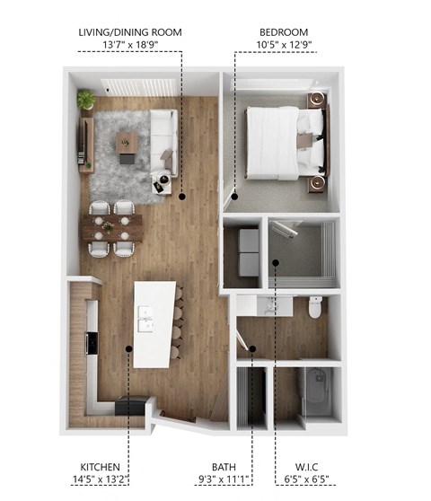 Floor plan for 1 bed, 1 bath, 780 sqft